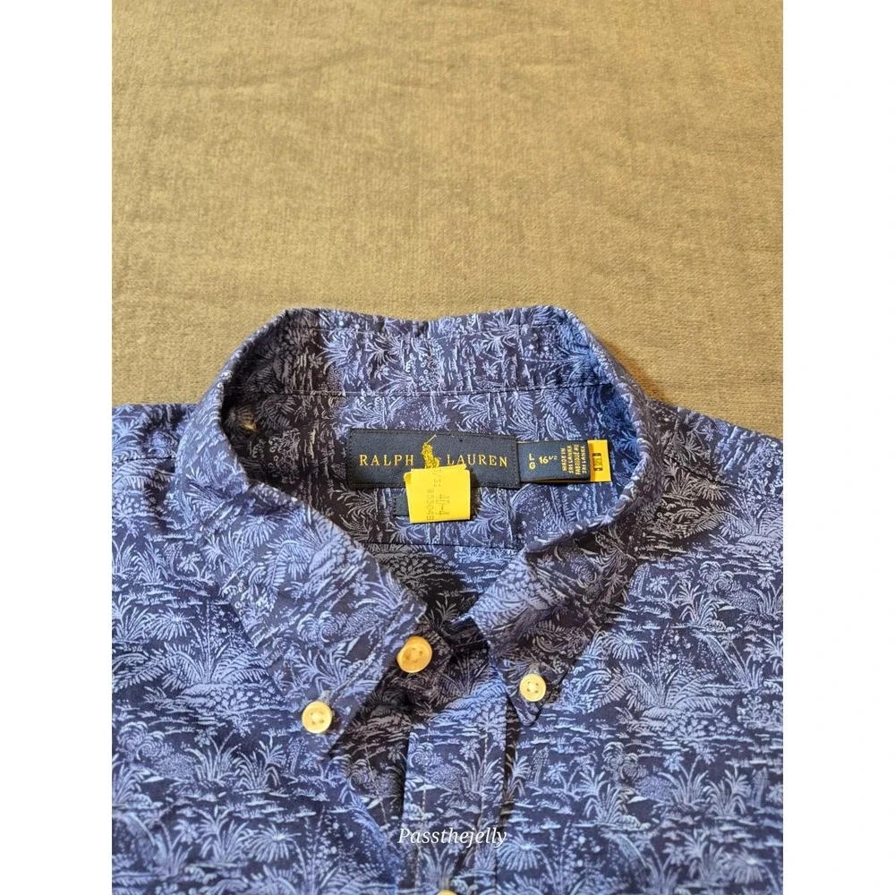 Polo Ralph Lauren Men's L Slim Fit Geometric Long Sleeve Shirt Lightweight Blue